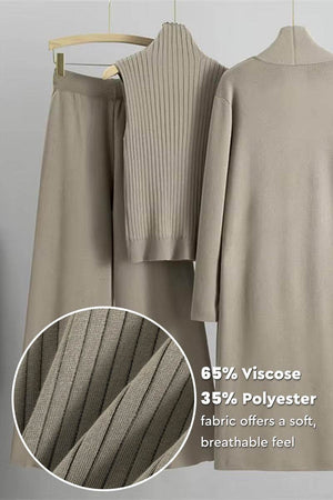Three-piece collection featuring soft breathable fabric blend of 65% viscose and 35% polyester in a neutral beige color