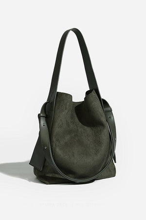Vintage Charm Bag in dark suede with dual-length straps for versatile carrying and spacious, stylish design