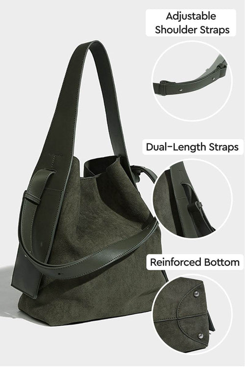 Vintage Charm Bag suede with adjustable dual-length straps and reinforced bottom, spacious and stylish everyday handbag