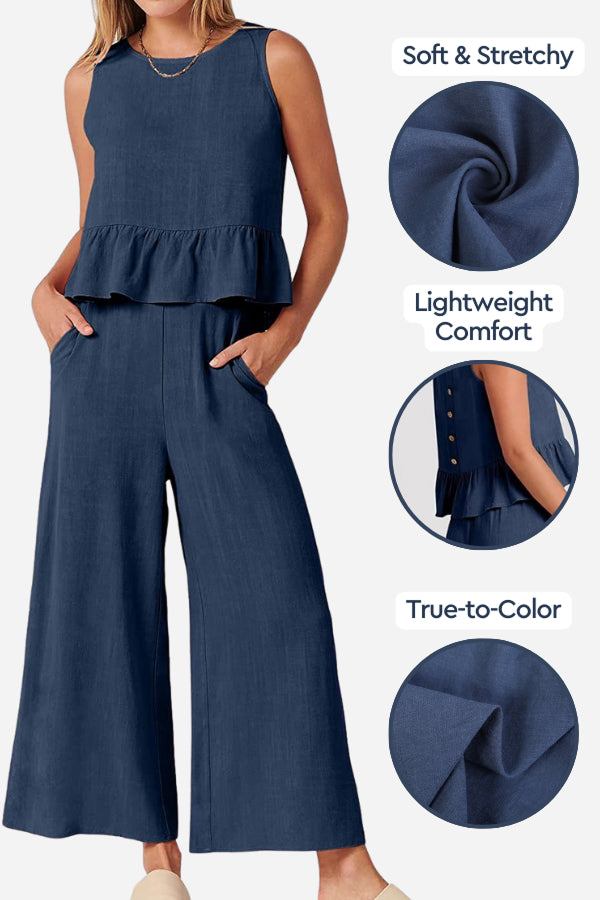 Navy blue linen-like feel two-piece set with soft, stretchy fabric and wide-leg pants, lightweight and true-to-color design