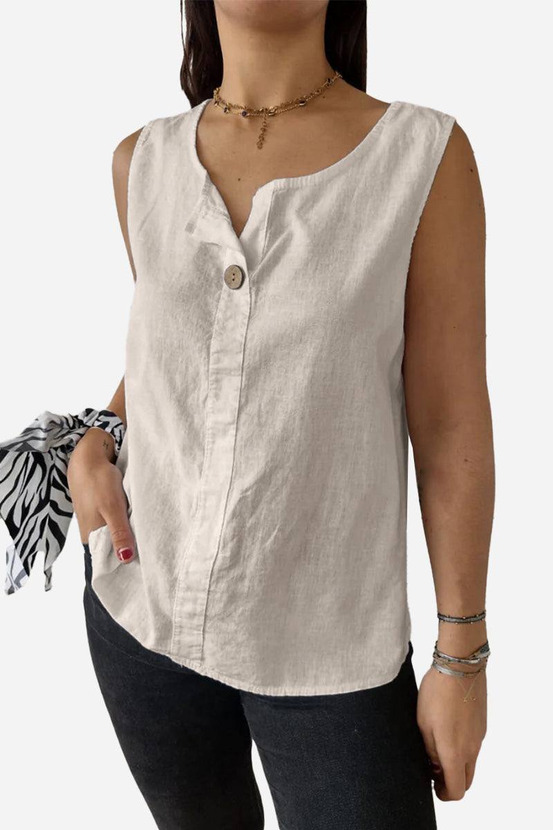 100 pure linen sleeveless cool comfort vest with v-neck and button detail