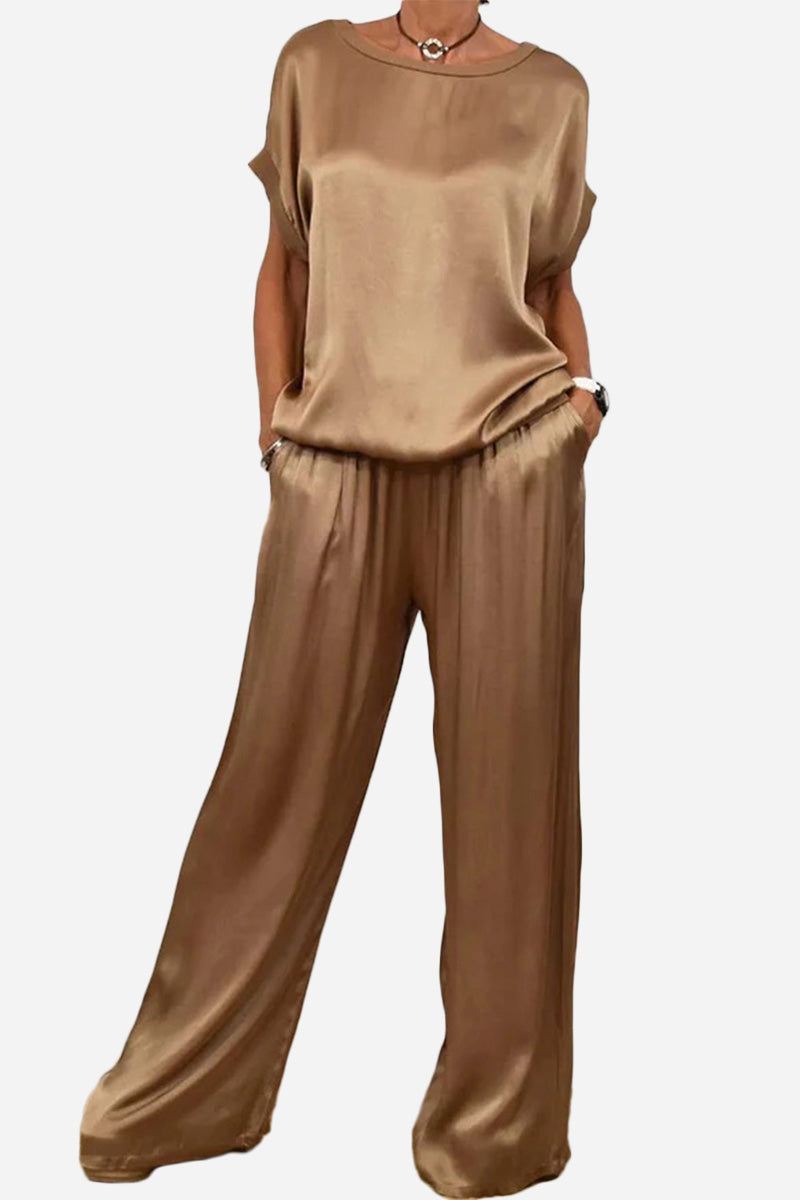 Silken Escape Satin Two-Piece Set in bronze satin with relaxed fit top and wide-leg pants with pockets