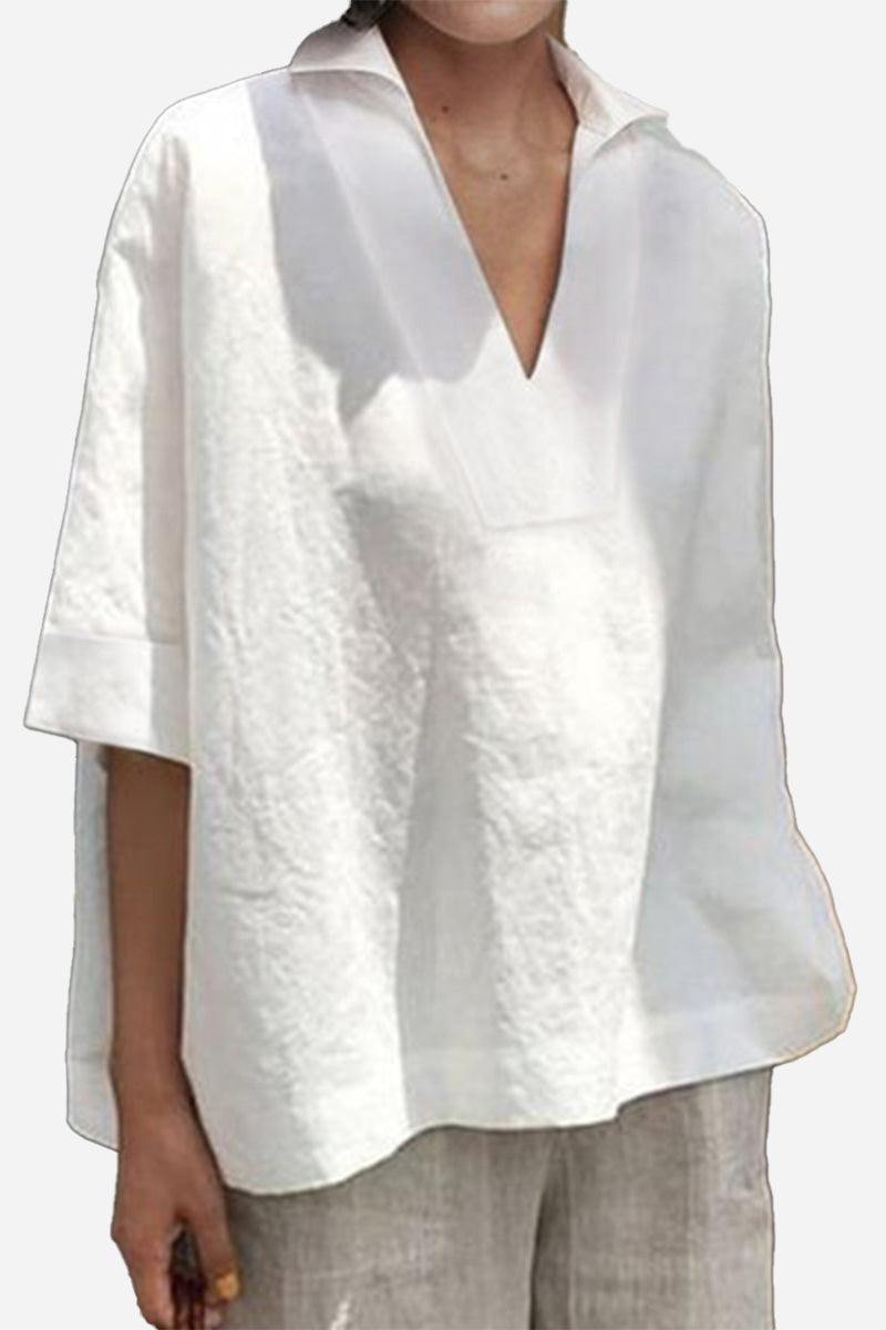White Cotton-Linen V-Neck relaxed fit breathable shirt for women