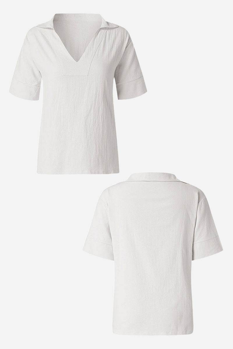 White Cotton-Linen V-Neck relaxed fit breathable shirt with short sleeves front and back view