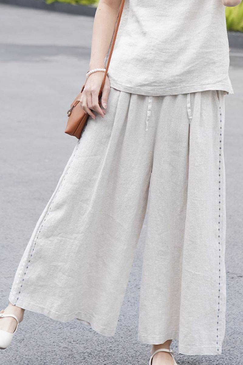 100% linen wide-leg pants with elastic waist, breathable natural fabric, one size fits all, casual and elegant style
