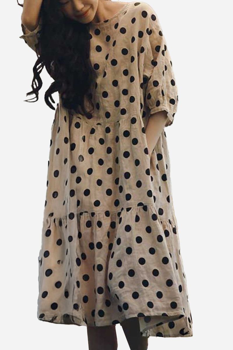 Cottage Garden 100% linen dress with black polka dots and relaxed tiered design
