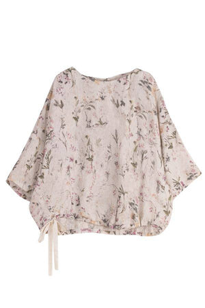 Botanical Garden linen blouse with floral print and drawstring hem