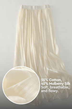 Garden Soirée silk-cotton pleated wide-leg trousers with elastic waistband, soft breathable fabric, elegant flowy drape in cream color