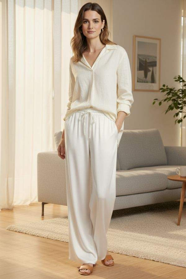 Woman wearing white Subtle Moves Silk Wide Leg Trousers with a cream blouse in a bright living room