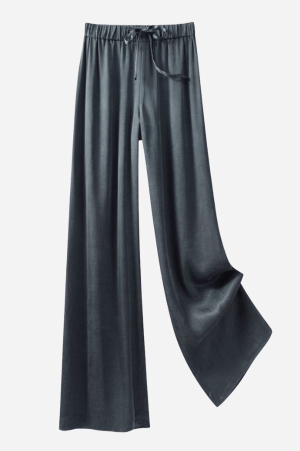 Subtle Moves silk wide leg trousers in dark grey with high waist and drawstring detail, flowy and breathable silk blend fabric.