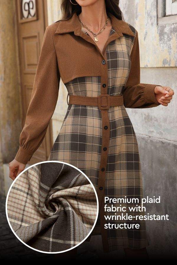 Retro corduroy plaid belted dress with wrinkle-resistant fabric and long sleeves