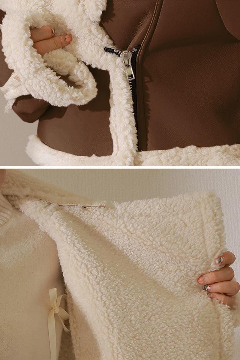 Cropped faux leather sherpa jacket with cream fleece lining and trim, soft and warm mid-weight outerwear.