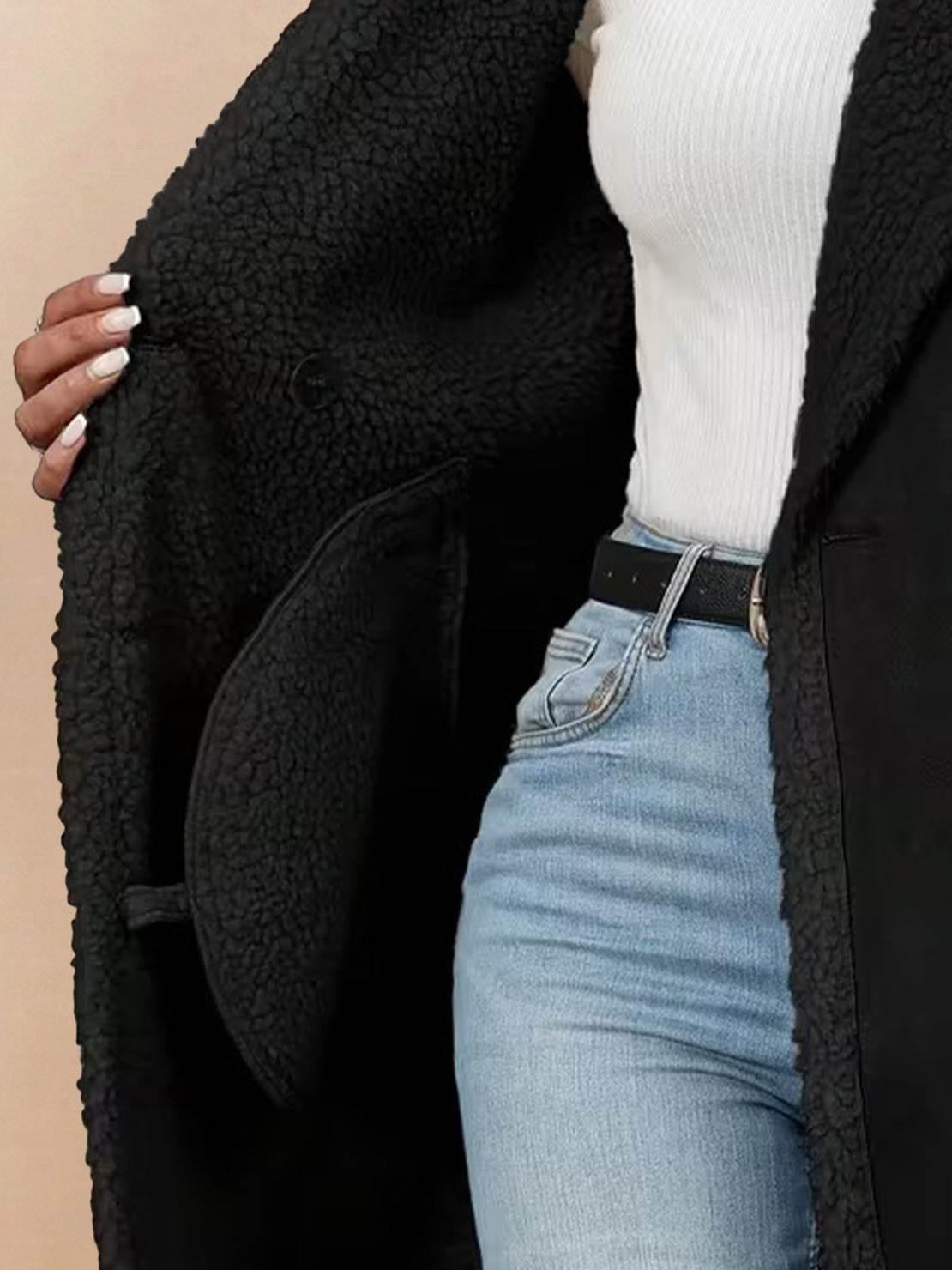 Relaxed faux suede sherpa coat with mid-thigh length and contrast trim