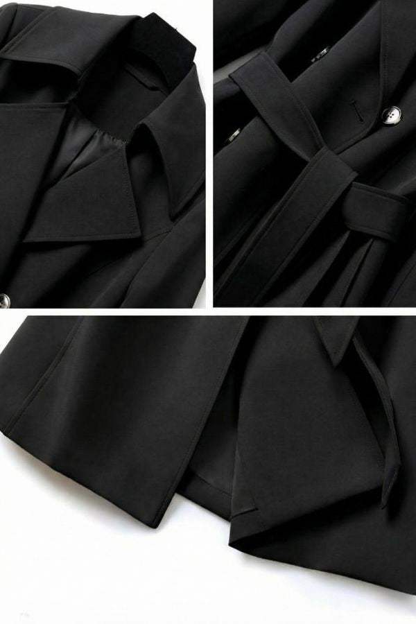 Black Timeless Retro Belted Trench Coat with wide lapels, adjustable waist belt, and full-length cut in smooth structured fabric