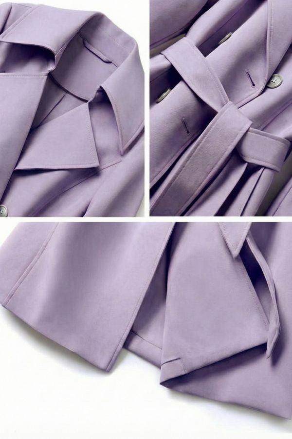 Close-up views of a lavender timeless retro belted trench coat with wide lapels, double-breasted buttons, and adjustable waist belt.