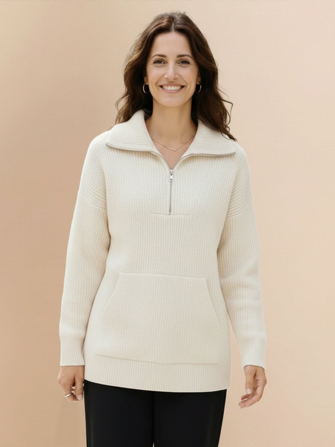 Neutral-toned half-zip waffle pullover with kangaroo pocket and fold-over collar for casual comfort
