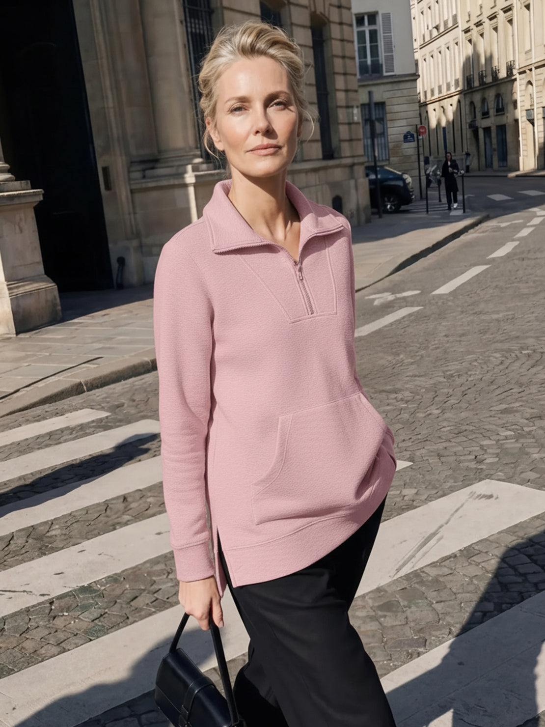 Half-zip waffle pullover in neutral tone with fold-over collar and kangaroo pocket, cozy waffle-knit texture perfect for layering and casual wear