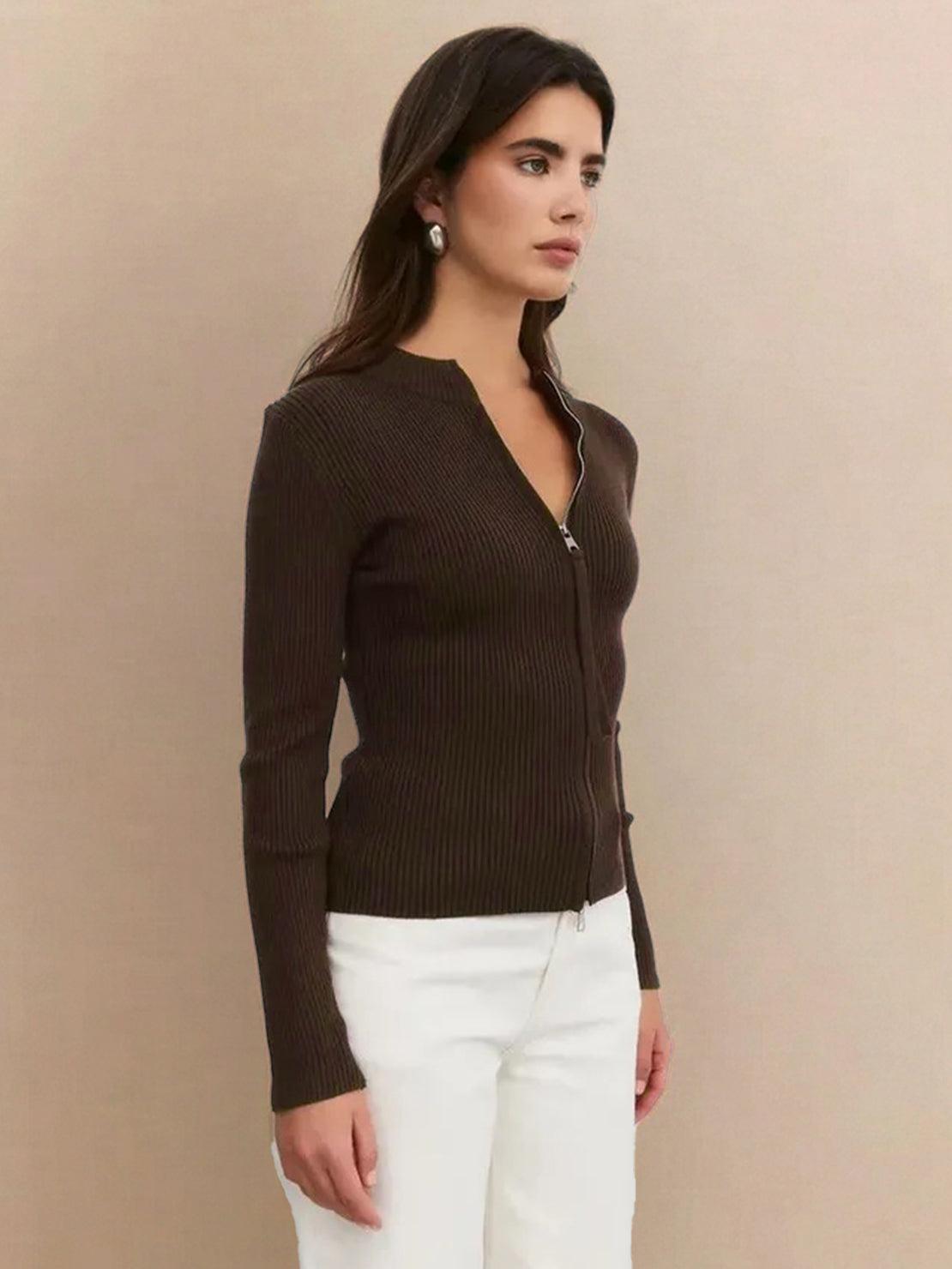 Black zip-up knit cardigan jacket with vertical ribbing and high neckline on a white background