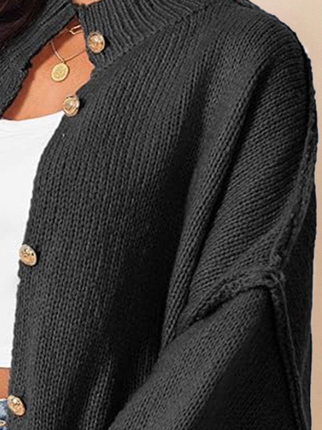 Oversized button-front knit cardigan with balloon sleeves and gold-tone buttons