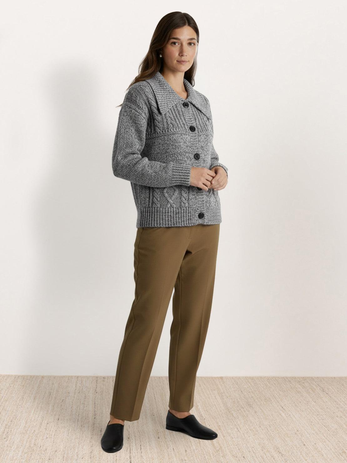 Wool-blend button-front cardigan with wide collar and drop-shoulder sleeves for lightweight warmth and anti-pilling finish