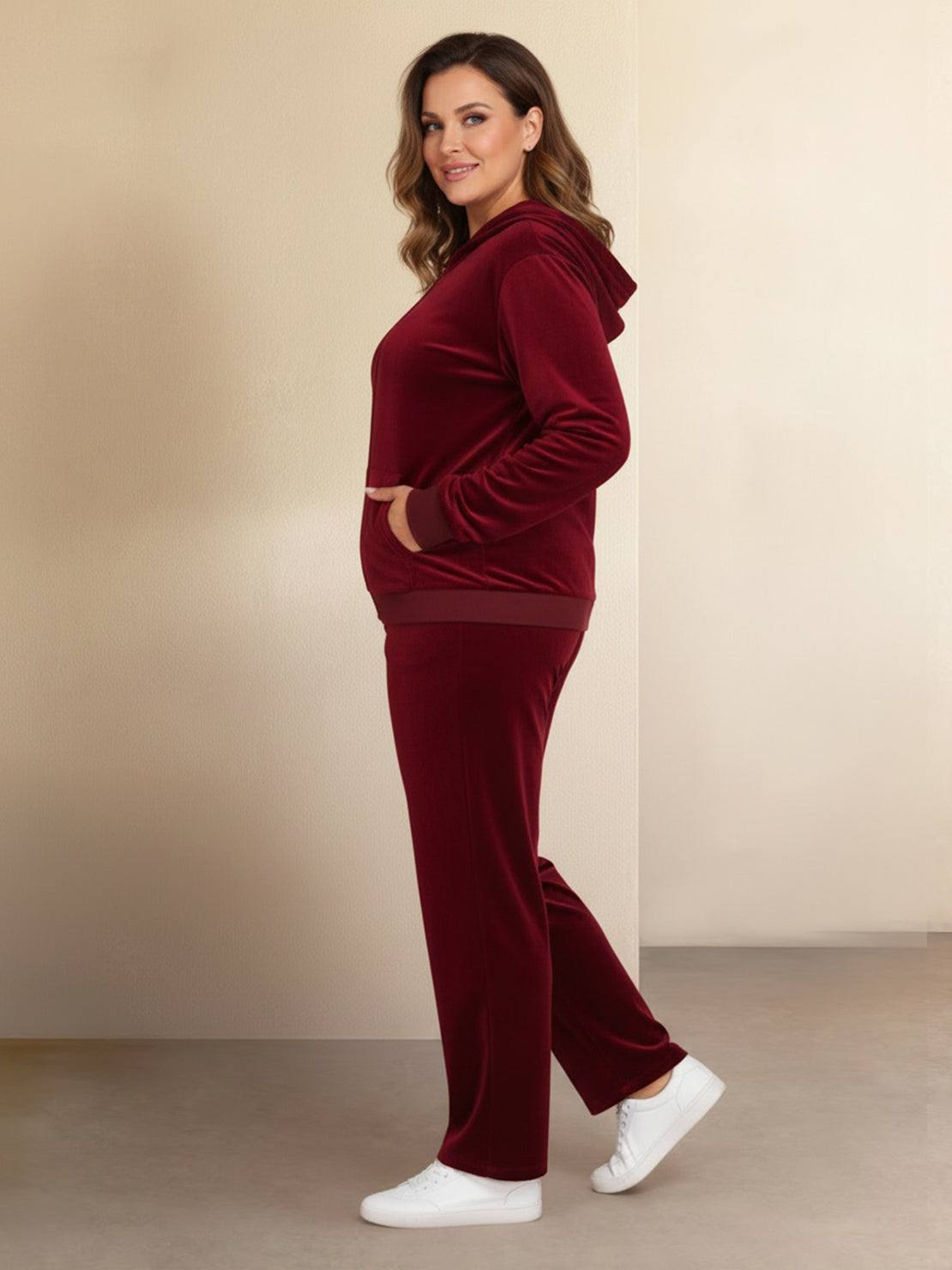 Plus size velour zip-up tracksuit with hoodie and straight-leg pants in soft, wrinkle-resistant fabric