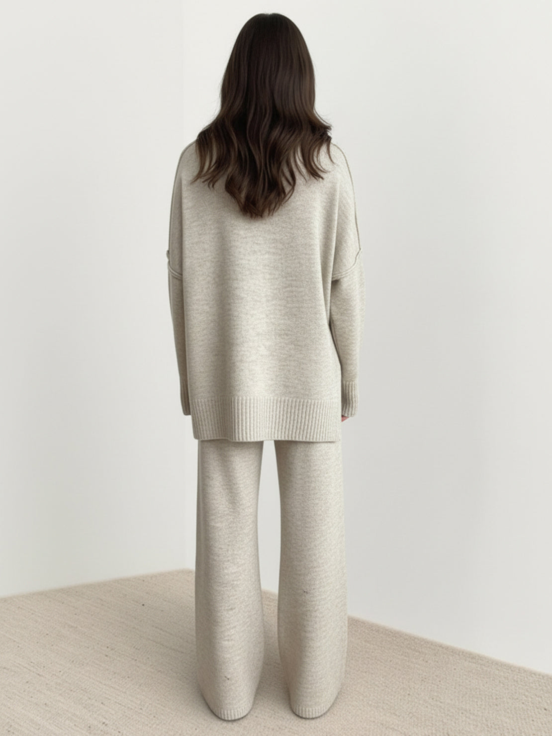 soft-knit turtleneck two-piece set with relaxed fit and wide-leg pants