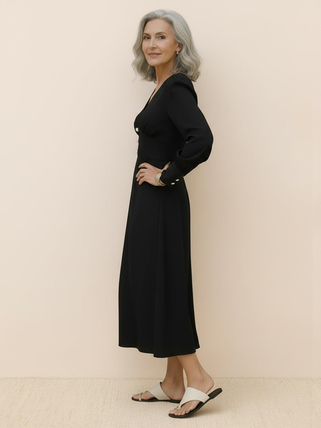 Slimming V-neck midi dress with button-front, ruffle cuffs, and A-line skirt in wrinkle-resistant fabric