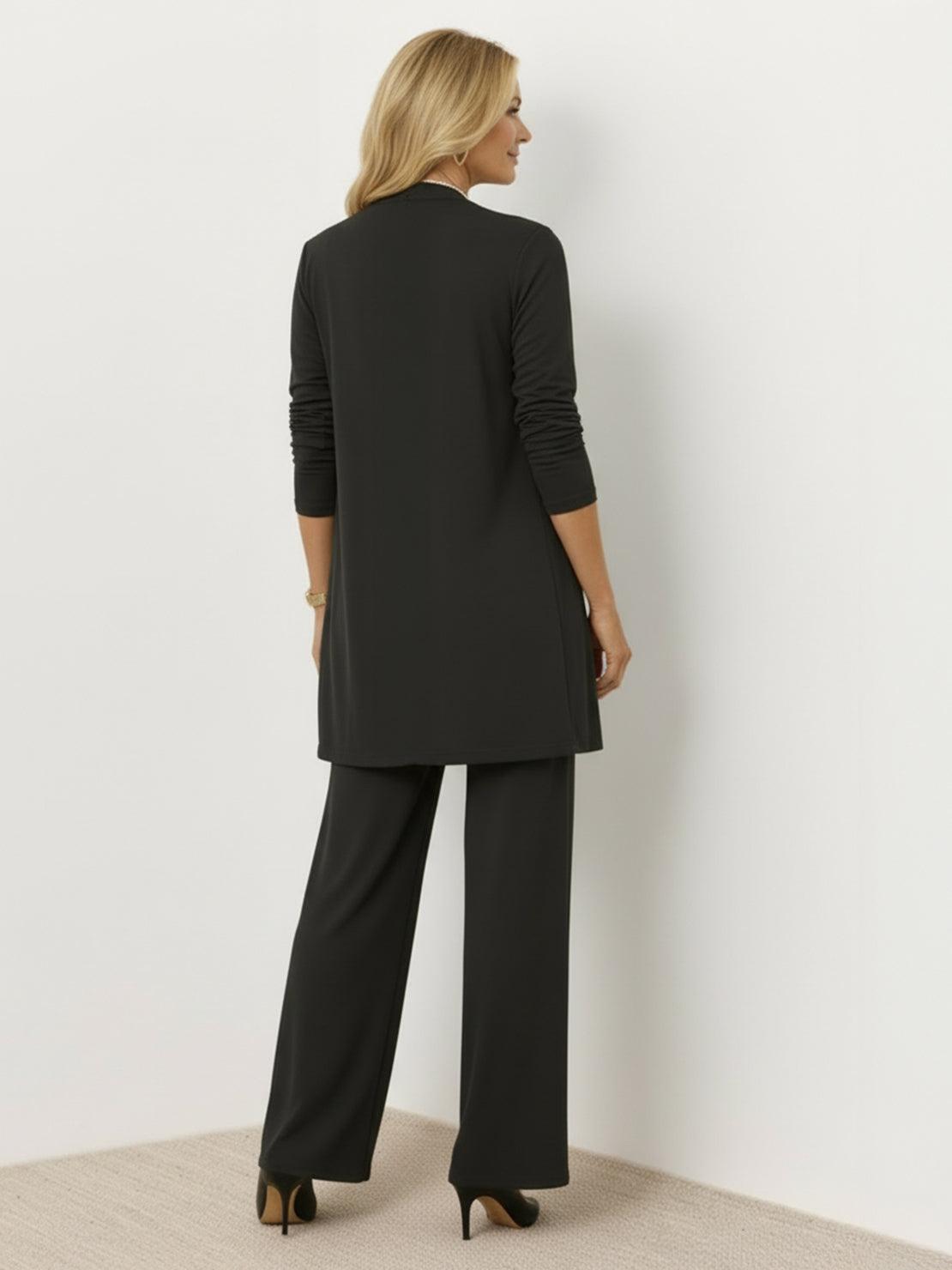 Open-front three-piece co-ord with longline cardigan, tank top, and wide-leg trousers in lightweight knit fabric