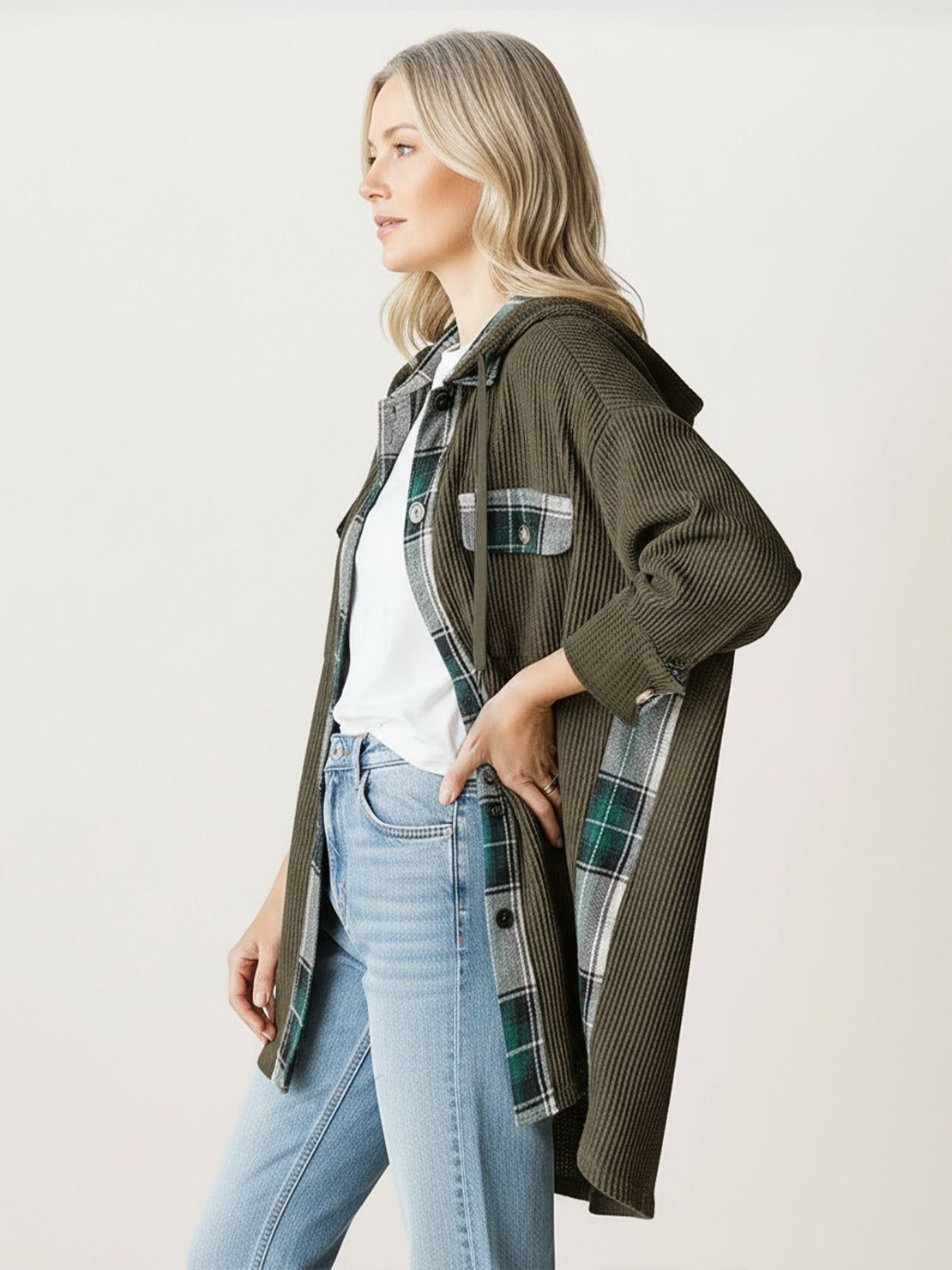 CloudKnit Oversized Hooded Shacket in waffle knit with button-front and drawstring hood