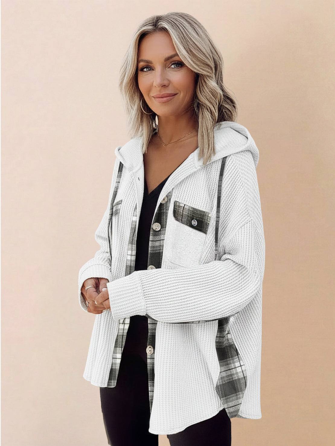 CloudKnit oversized hooded shacket with waffle knit texture and relaxed fit for layering