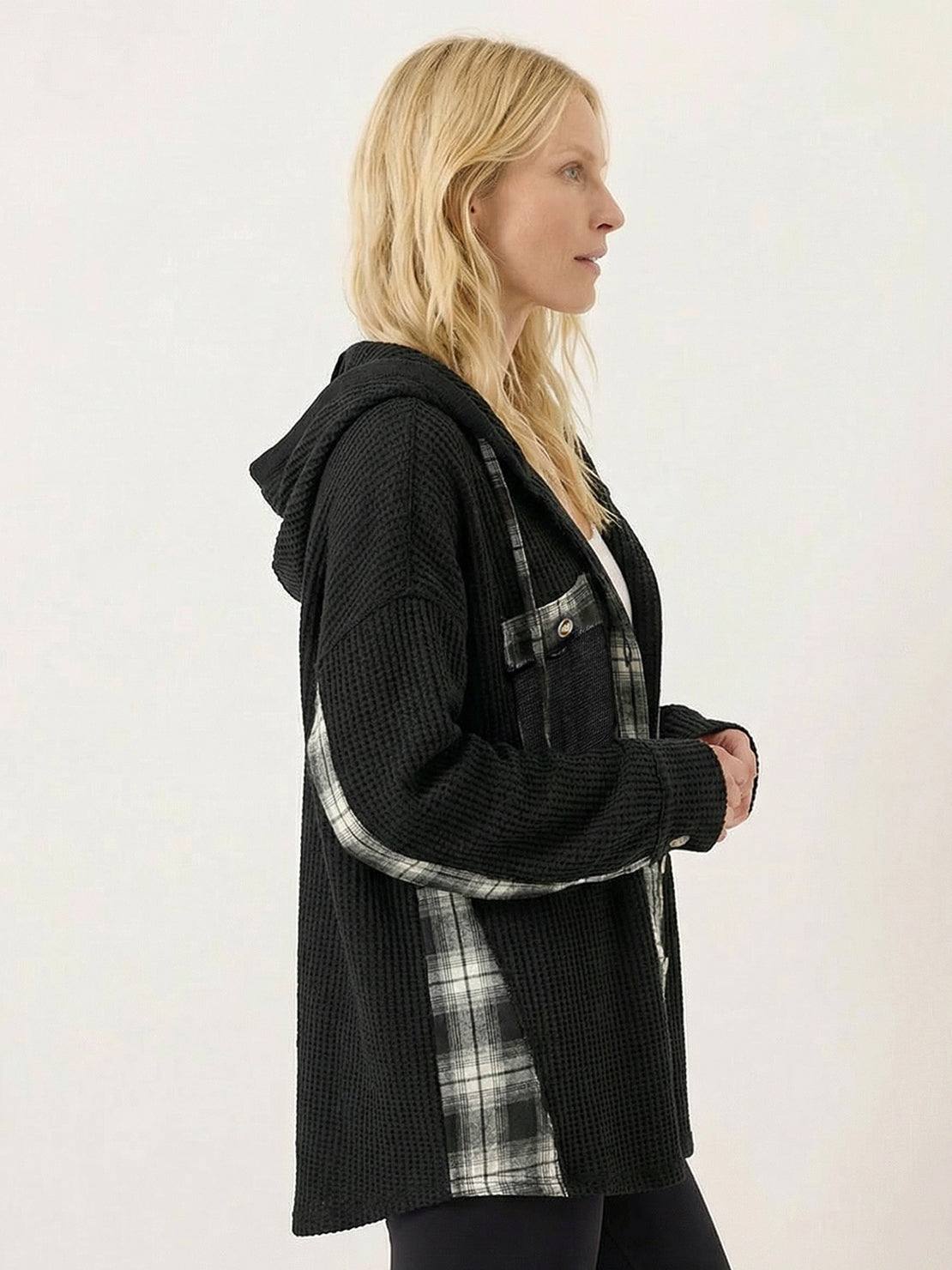 CloudKnit oversized hooded shacket with waffle knit texture and button-front closure