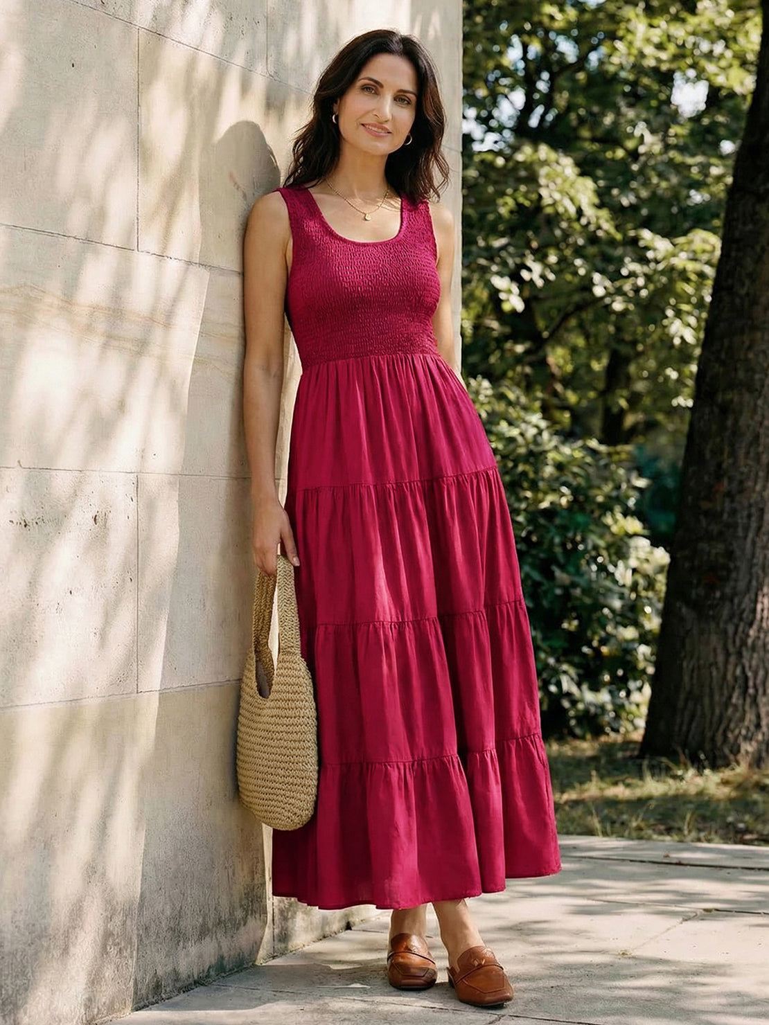 Smocked sleeveless maxi dress with tiered skirt and scoop neckline in lightweight fabric