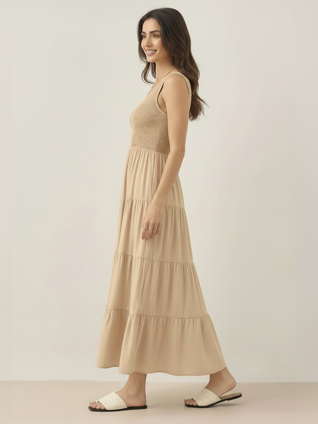 Smocked sleeveless maxi dress with tiered skirt and scoop neckline in lightweight breathable fabric