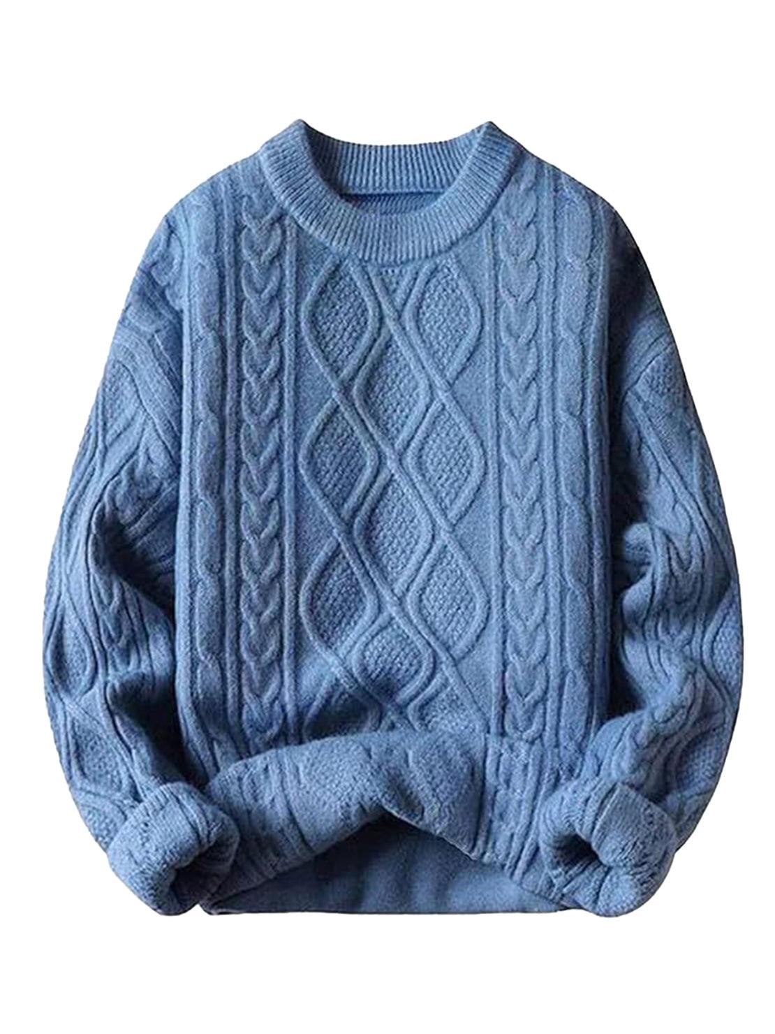 Oversized cable-knit crewneck sweater with dropped shoulders and ribbed trim