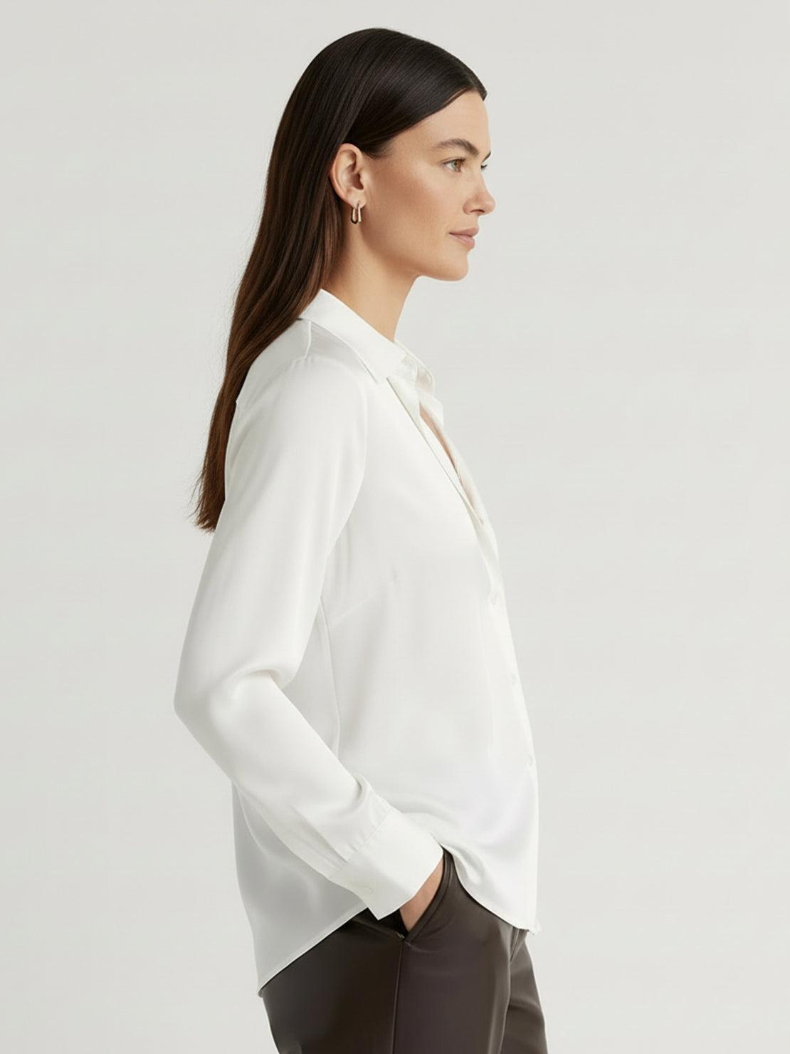 silk-finish button front shirt with smooth fabric and relaxed fit