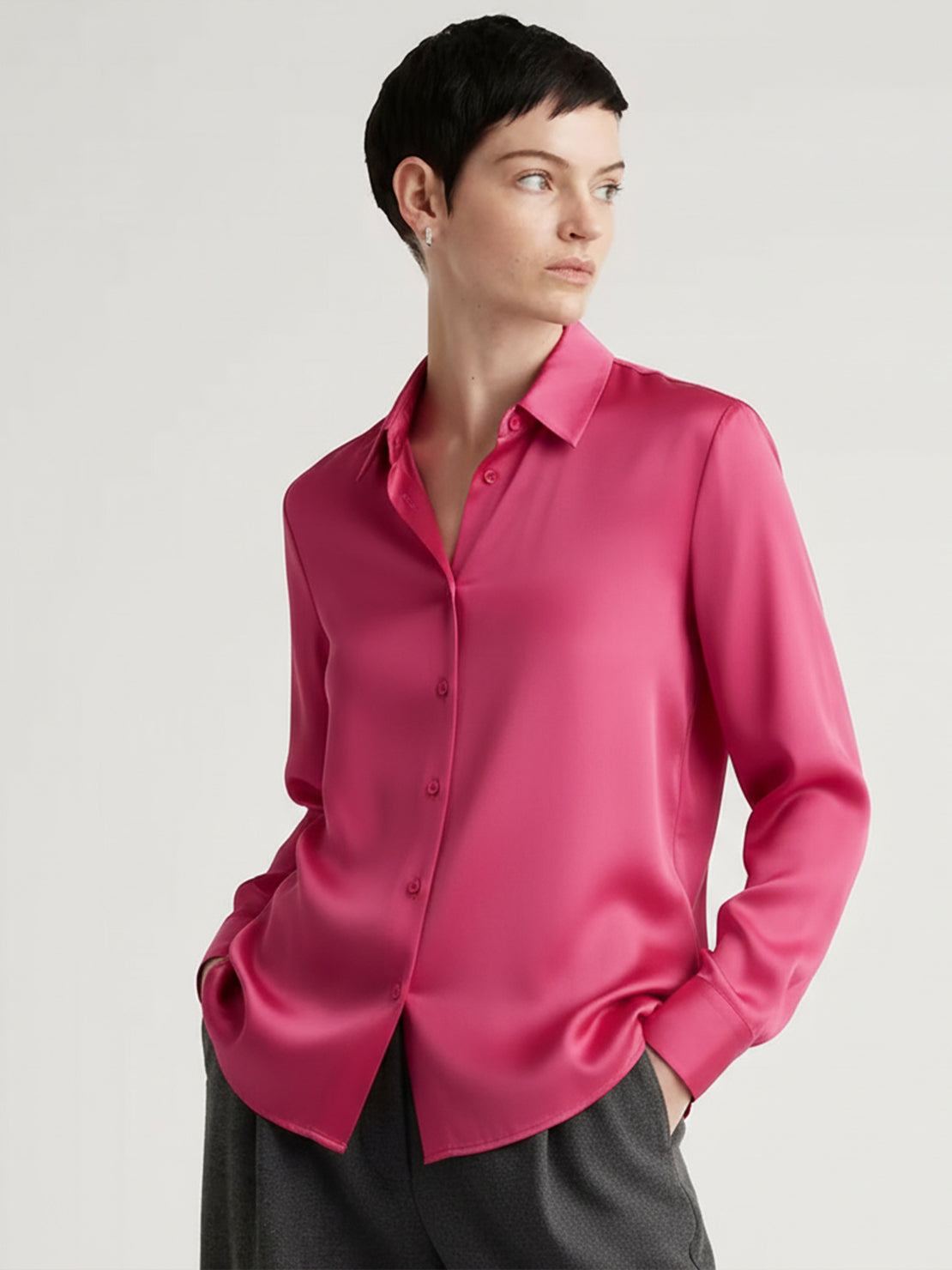 Silk-finish button front shirt with traditional collar and curved hem in smooth polyester blend fabric