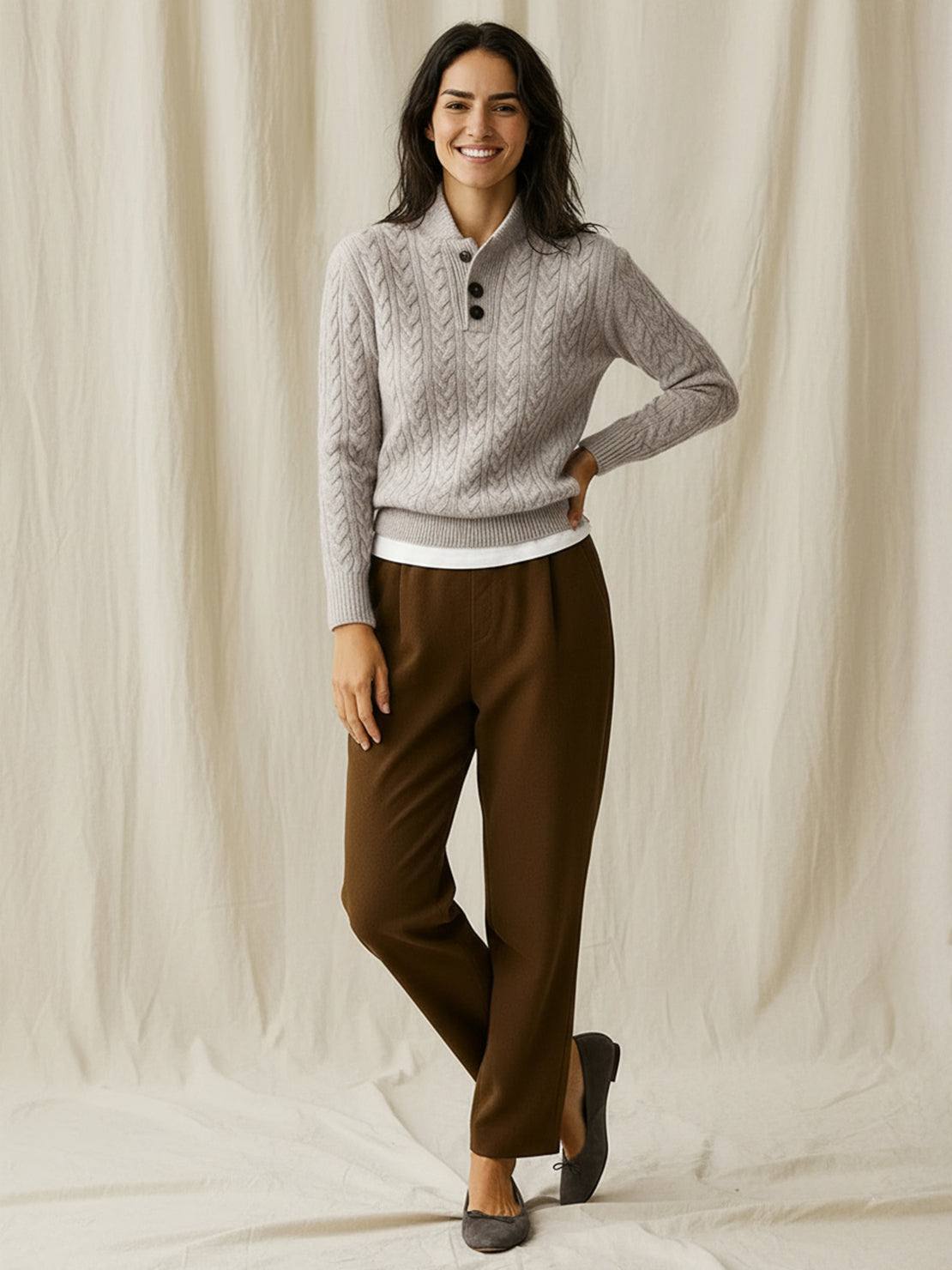 Slim-fit 100% wool cable-knit sweater with stand collar and three-button placket