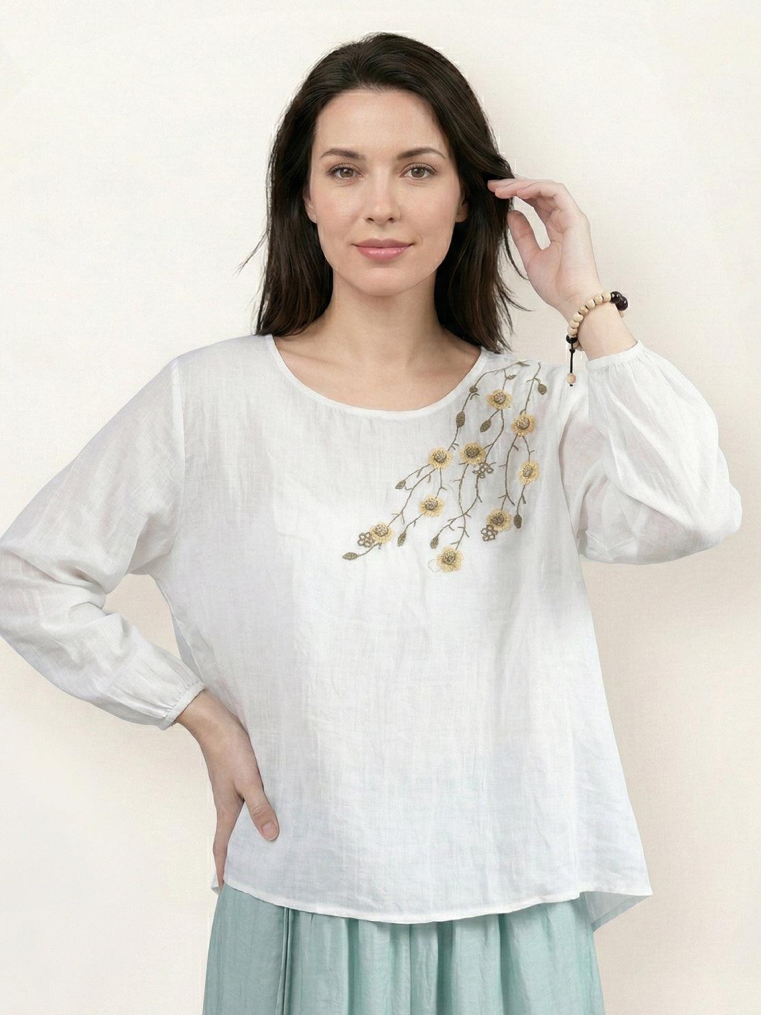 Cotton-linen embroidered blouse with 3/4 balloon sleeves and relaxed boxy fit