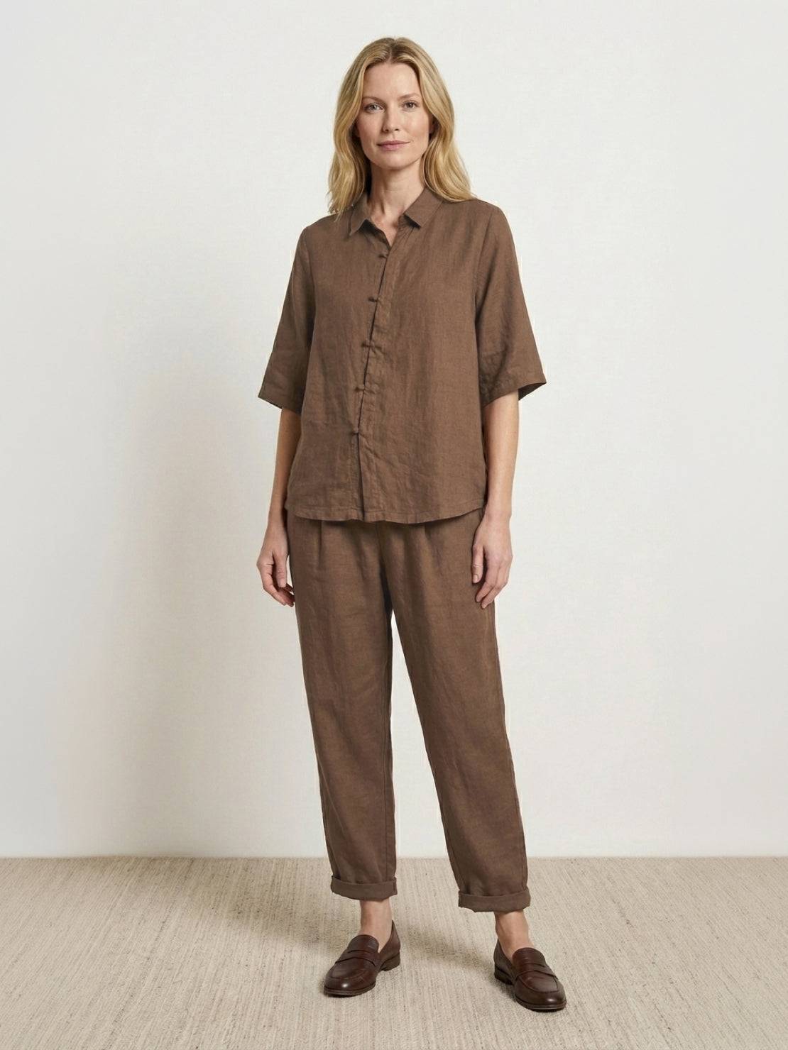 100% cotton artisan two-piece set with oversized button-front shirt and wide-leg pants