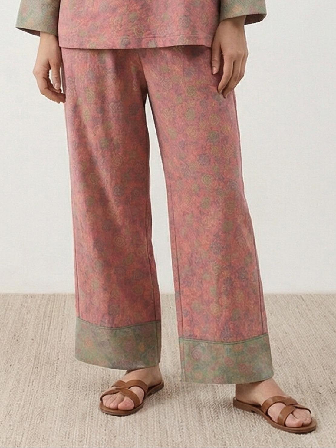 Two-piece 100% cotton Chinese Pankou pajamas with tunic top and wide-leg pants in bold landscape print