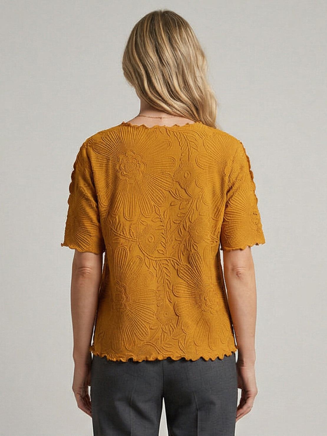 Floral jacquard pleated top with flutter sleeves and 3D floral texture in relaxed A-line silhouette