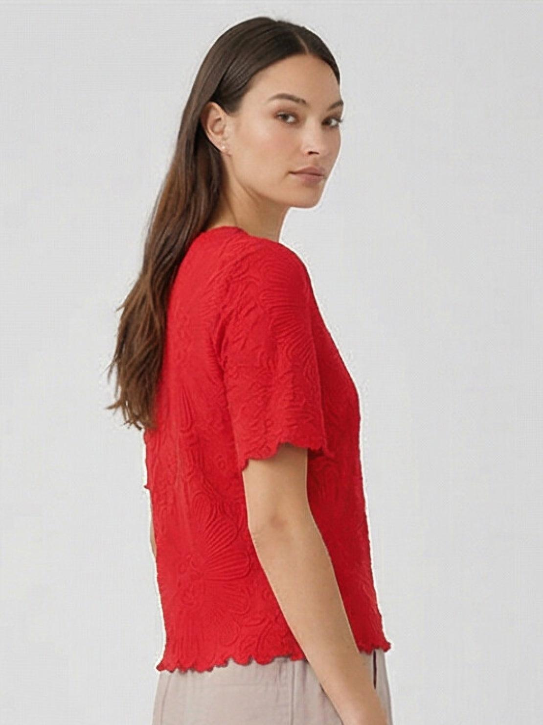 Floral jacquard pleated top with 3D floral texture and flutter sleeves in relaxed A-line silhouette