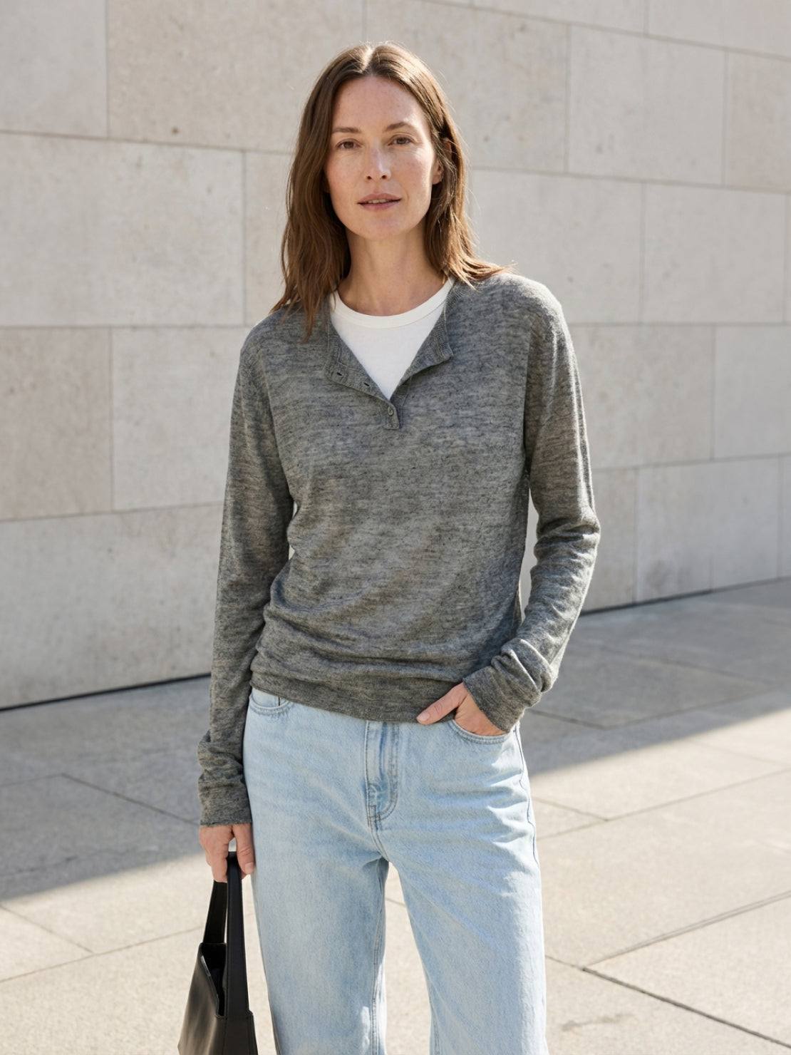 Organic Linen Henley Top fine knit long sleeve soft breathable shirt with side slits