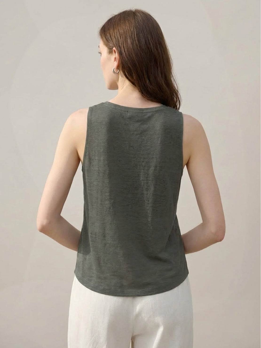 100% linen wide neck vest with cowl drape and boat neck styles, sleeveless, natural textured finish