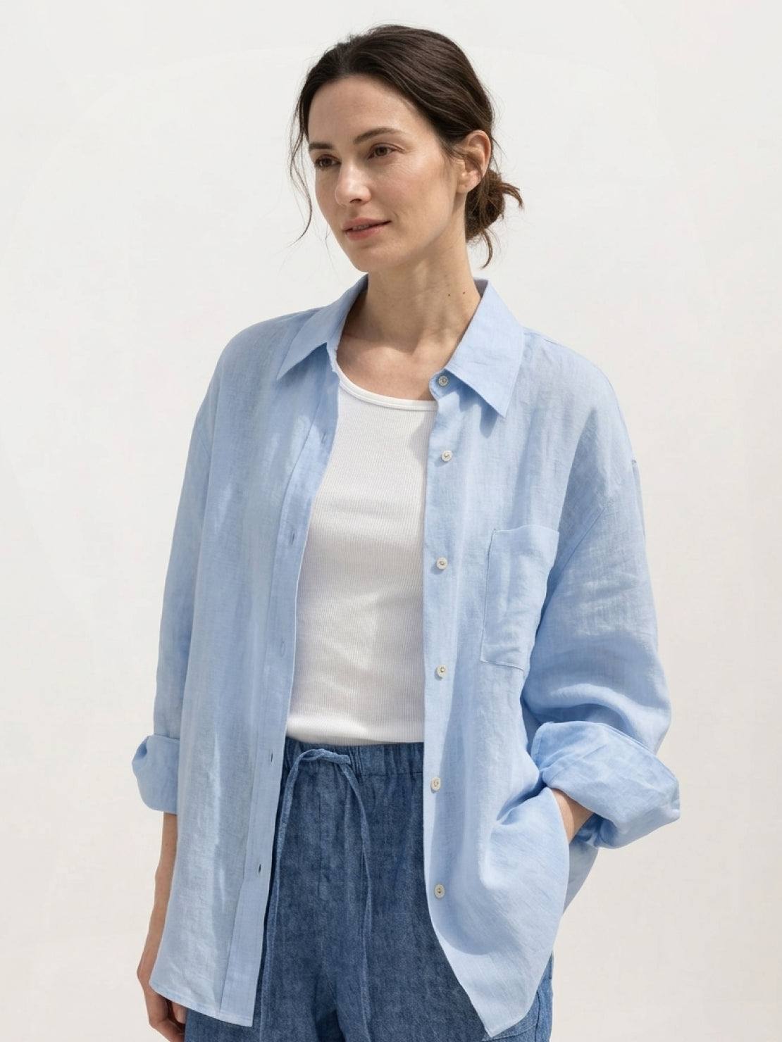 100% linen dropped-shoulder loose fit shirt with side slits and rollable cuffs