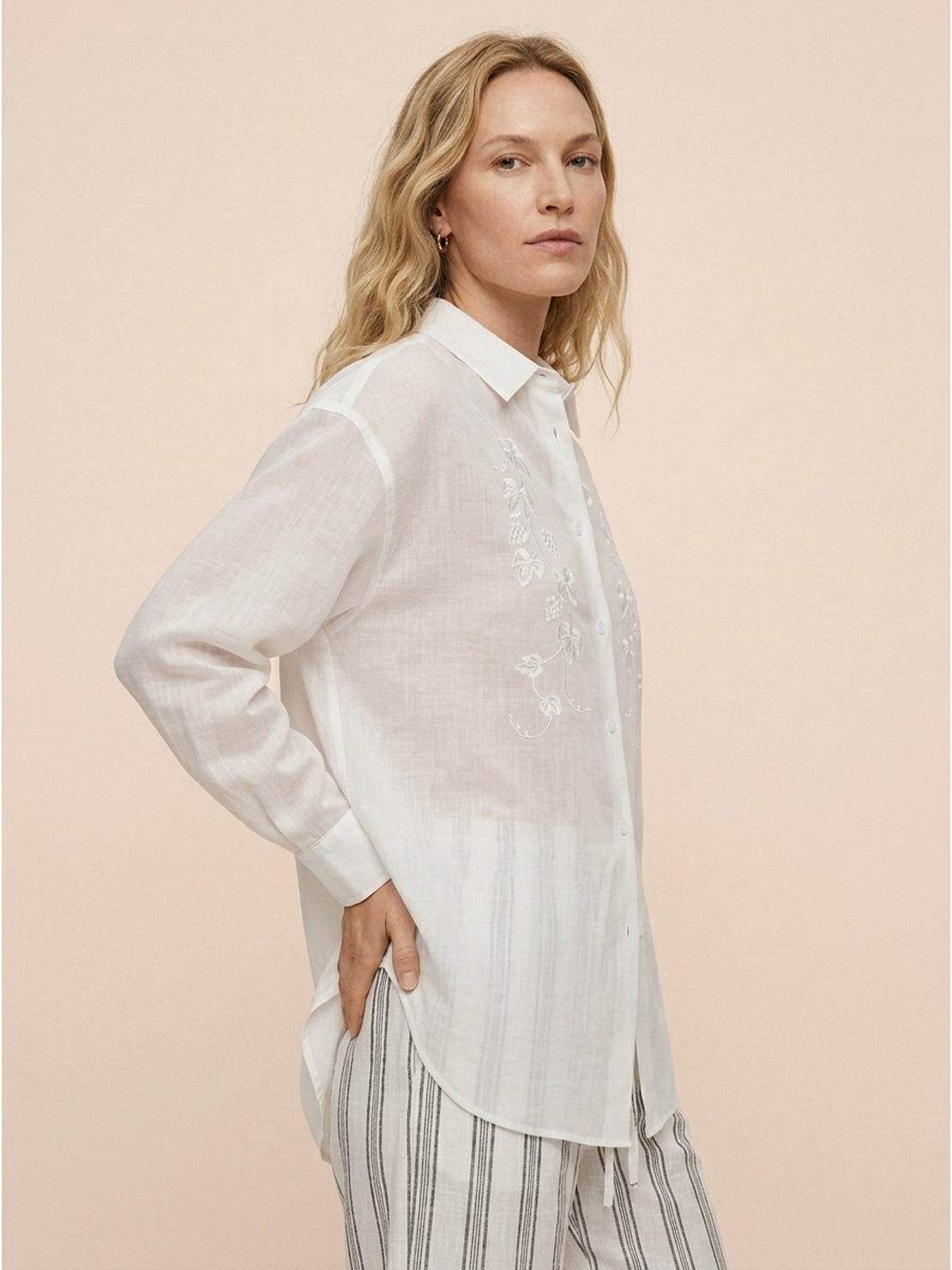 White Ramie Linen-Lyocell embroidered tunic shirt with curved hem and side slits