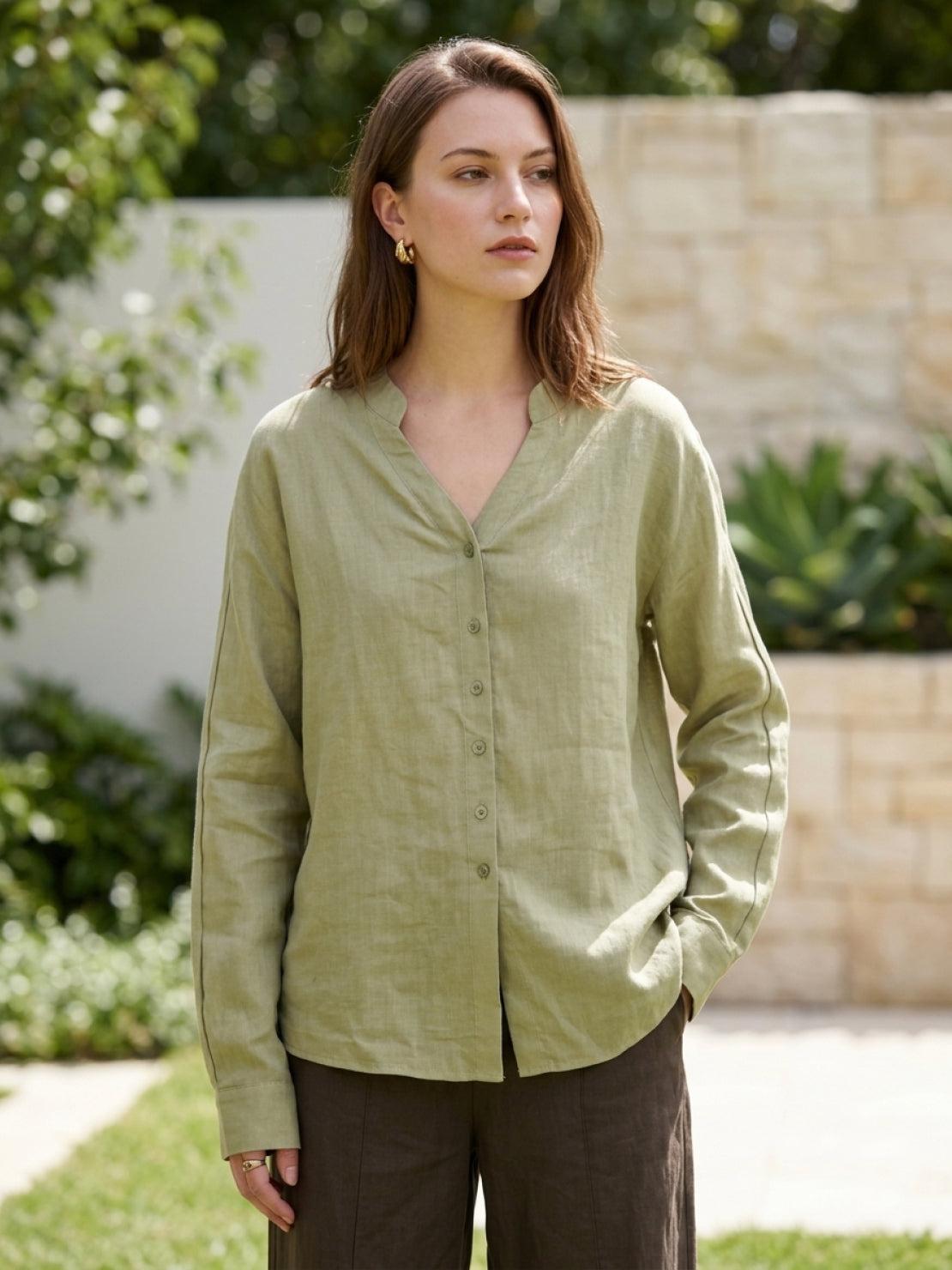 relaxed loose fit 100% linen V-neck shirt with long sleeves and wide button cuffs
