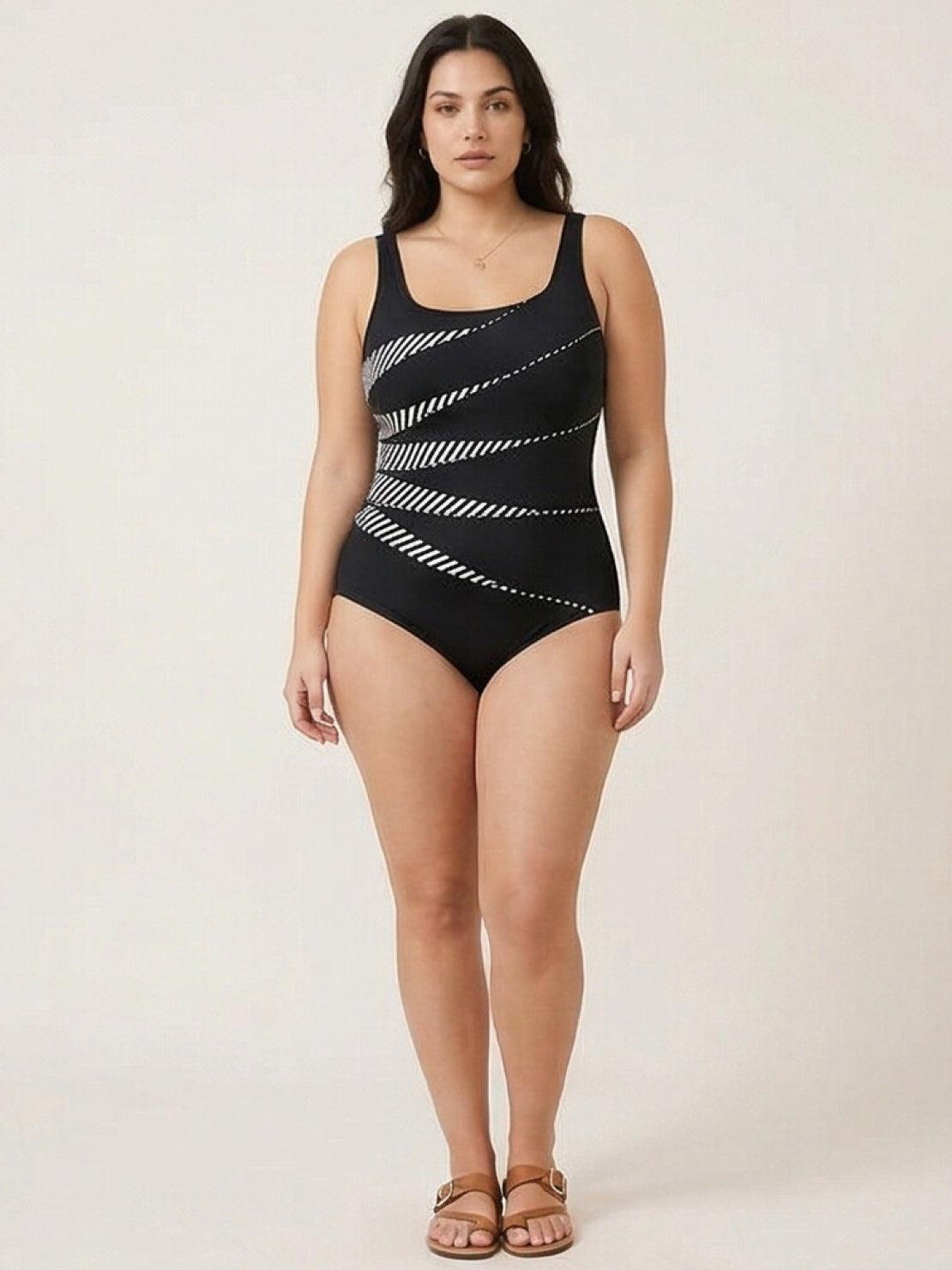 Curve-Fit Open-Back Swimsuit with scoop front, deep V back, adjustable straps, and full coverage bottom in stretchy fabric