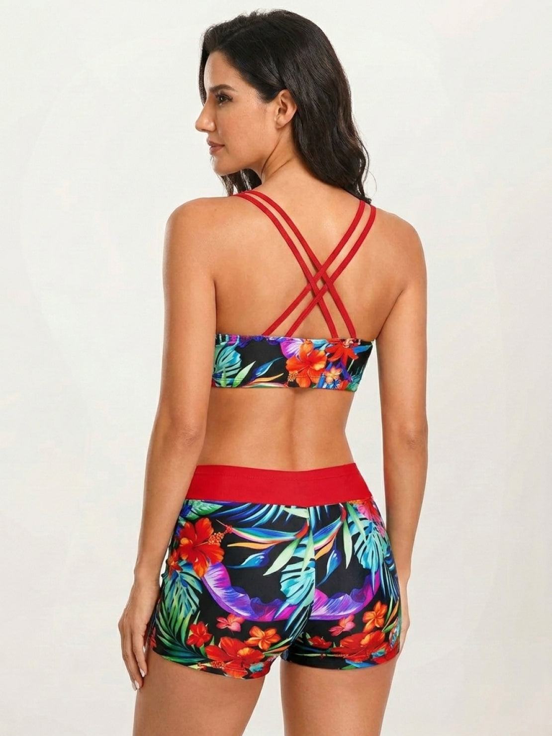 Three-piece swimset with criss-cross back tank top, sports bra, and boy shorts