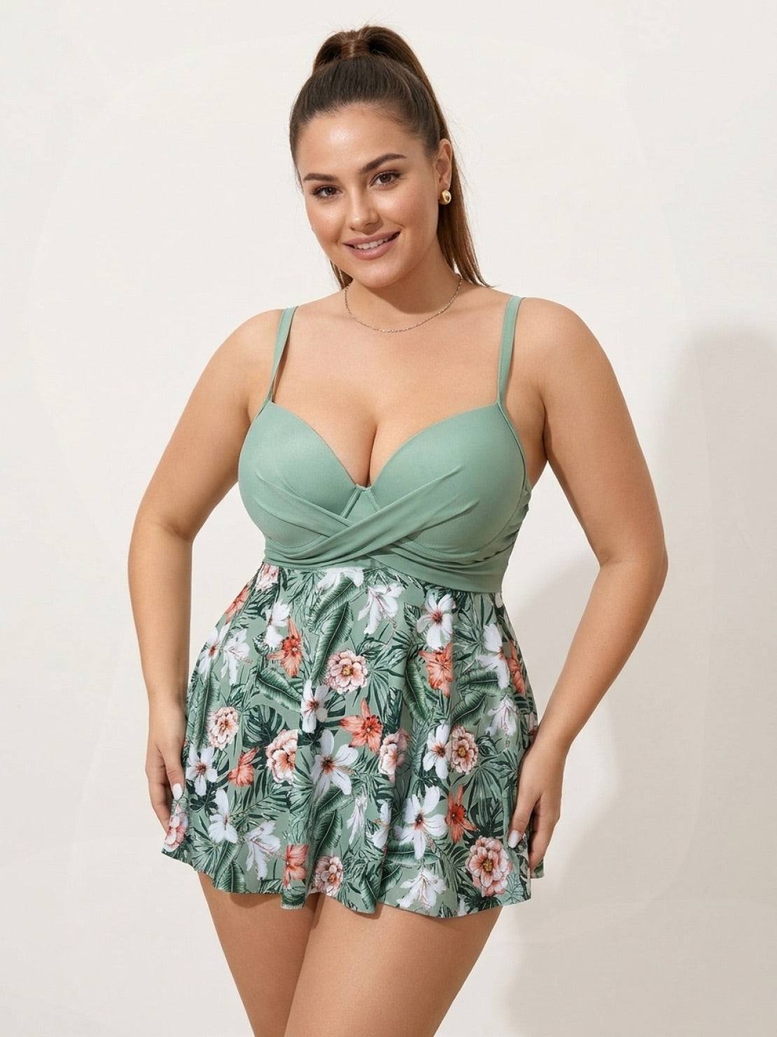 Tropical crossover skirted one-piece swimsuit with deep-V top and floral high-waist skirted bottom